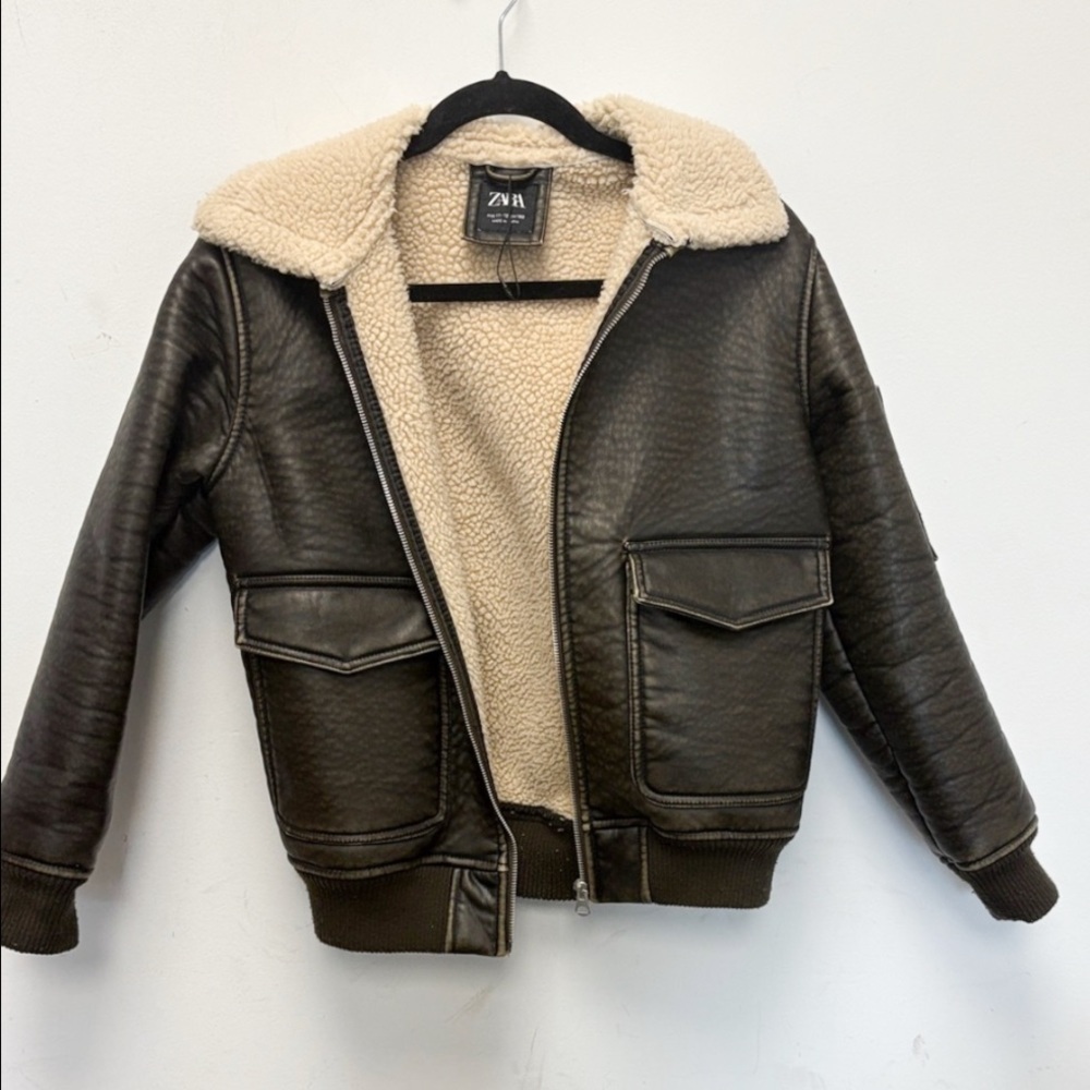 Zara Boys Aviator Bomber Jacket with Cream Fleece